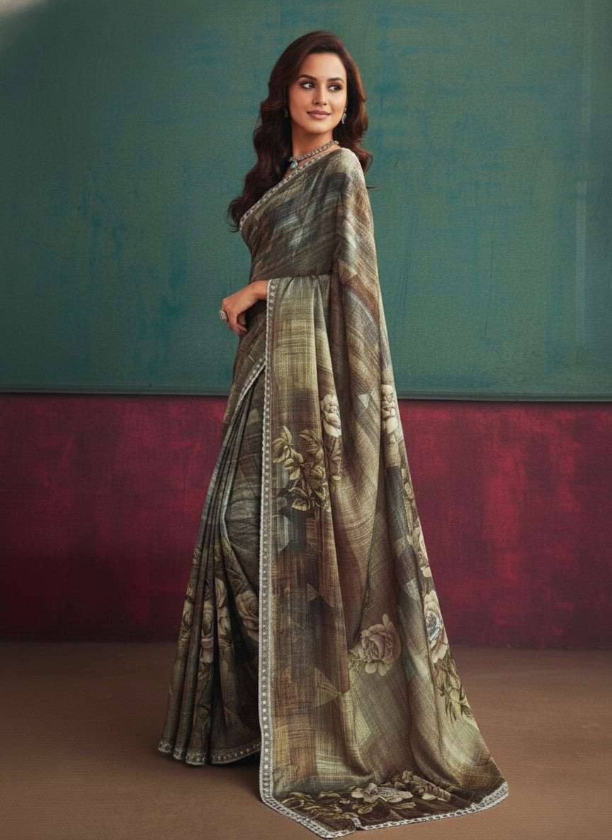 Olive Brown Floral Printed Saree with Vintage Appeal