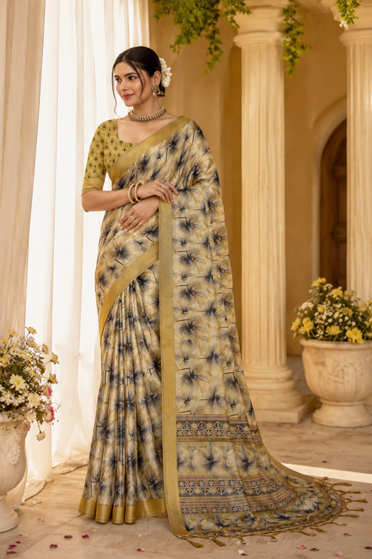 Golden Mist Floral Printed Linen Saree
