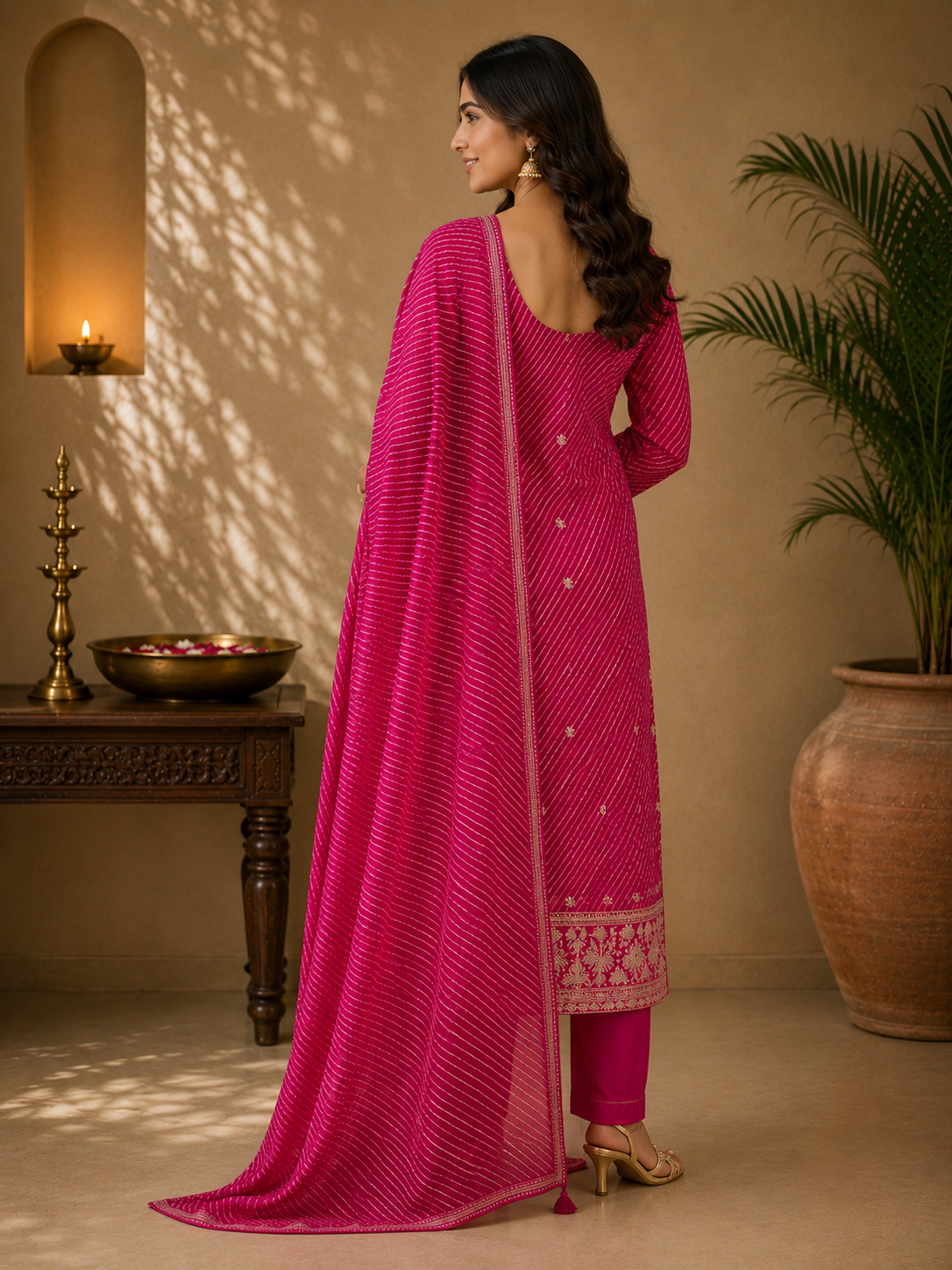 Rani Pink Embroidered Leheriya Set