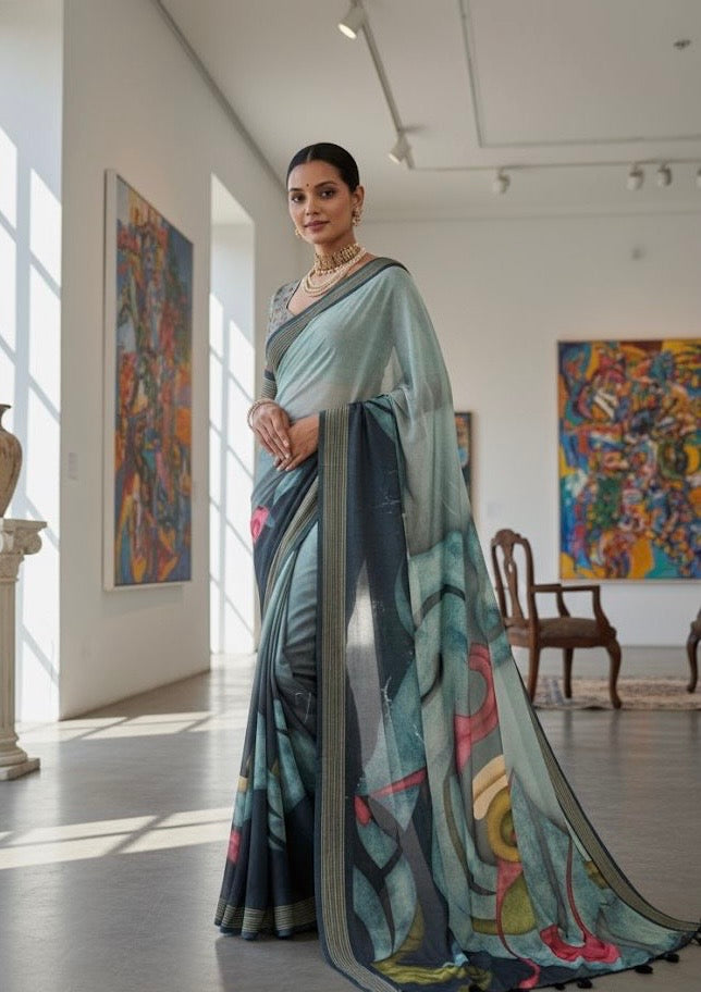 Ice Blue Abstract Art Print Satin Saree