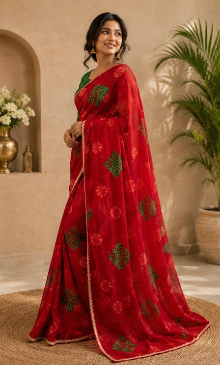 Rangmahal Crimson Chiffon Saree