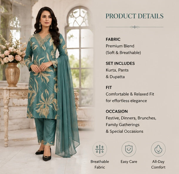 Teal Noor Floral Suit Set