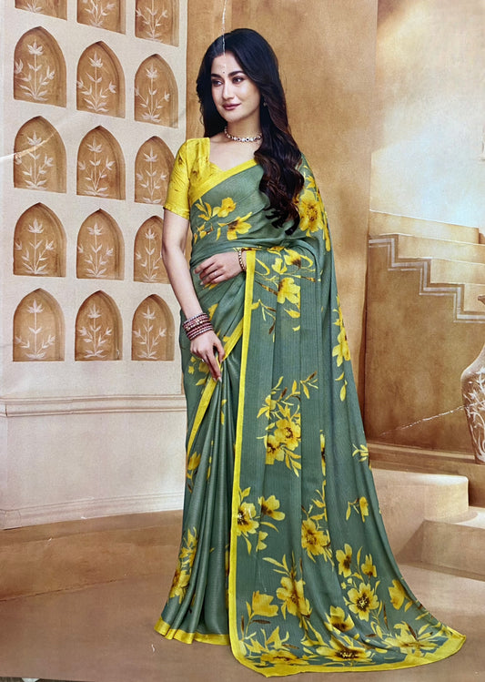 Sunlit Olive Floral Saree – Graceful Daywear with Bold Blooms