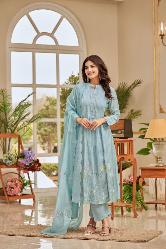 Powder Blue Hand-Embroidered Chanderi Kurta Set with Dupatta