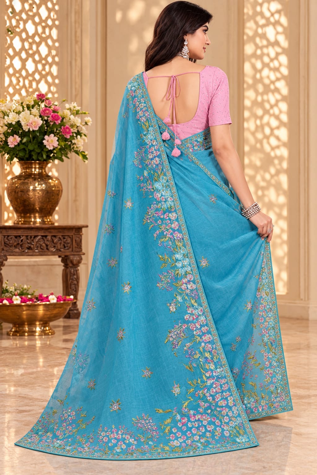 Azure Bloom Embroidered Elegance Saree