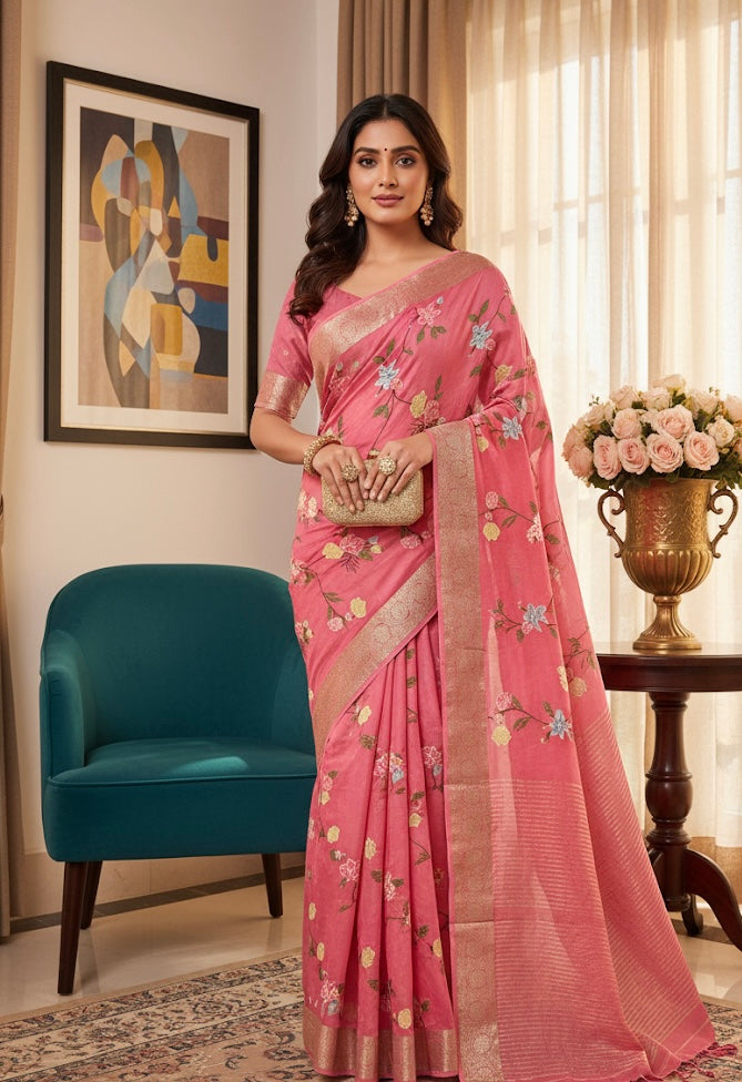 Rose Pink Floral Silk Saree