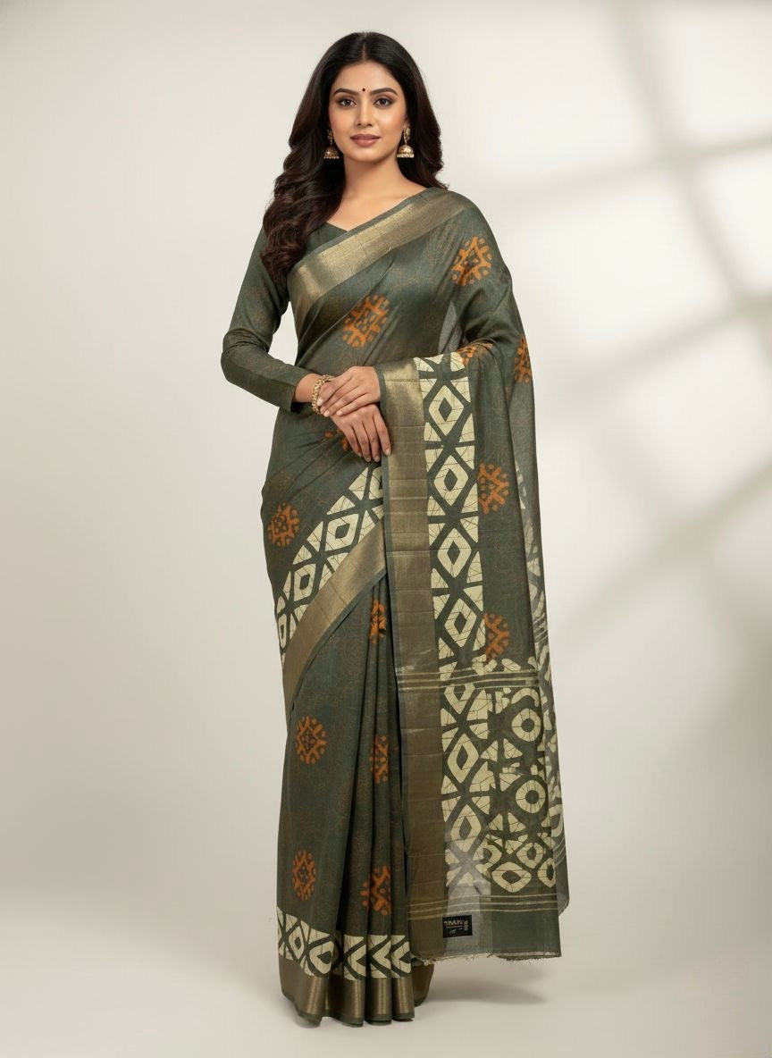 Green Banarasi-Style Saree with Golden Woven Patterns