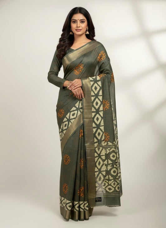 Green Banarasi-Style Saree with Golden Woven Patterns