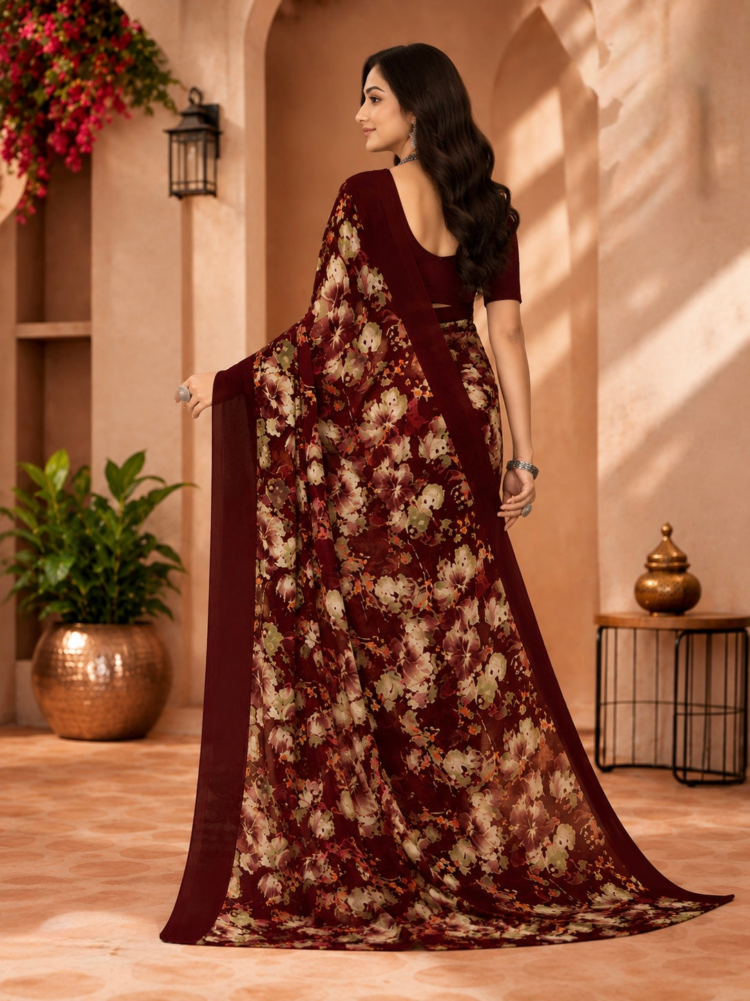 Crimson Bloom Floral Saree