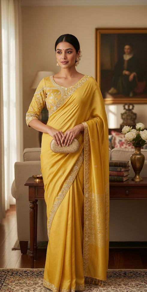 Yellow Saree with Sequin and Thread Embellished Blouse