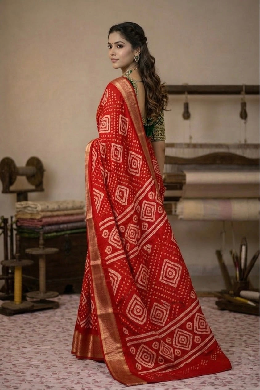 Bandhani Inspired Geometric Zari Saree