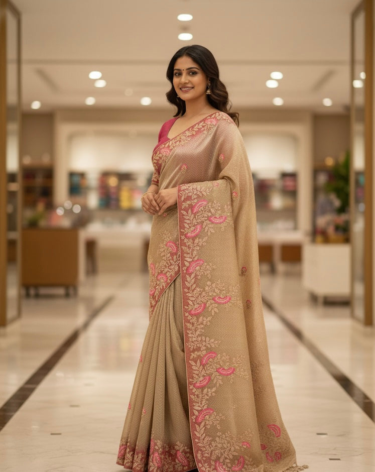 Beige Silk Saree with Pink Thread & Zari Floral Embroidery
