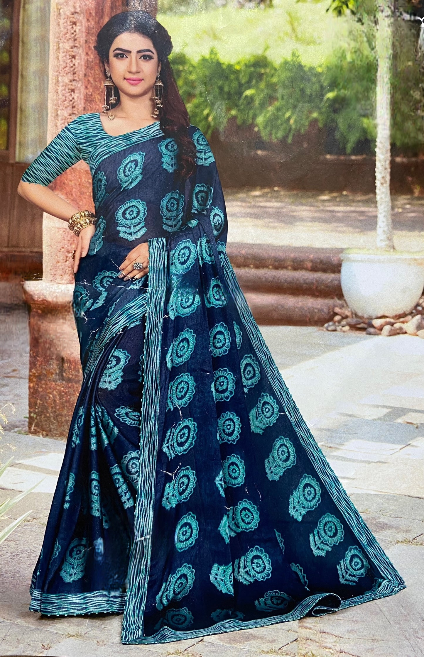 Indigo Bloom Handblock Print Saree – Timeless Ethnic Charm