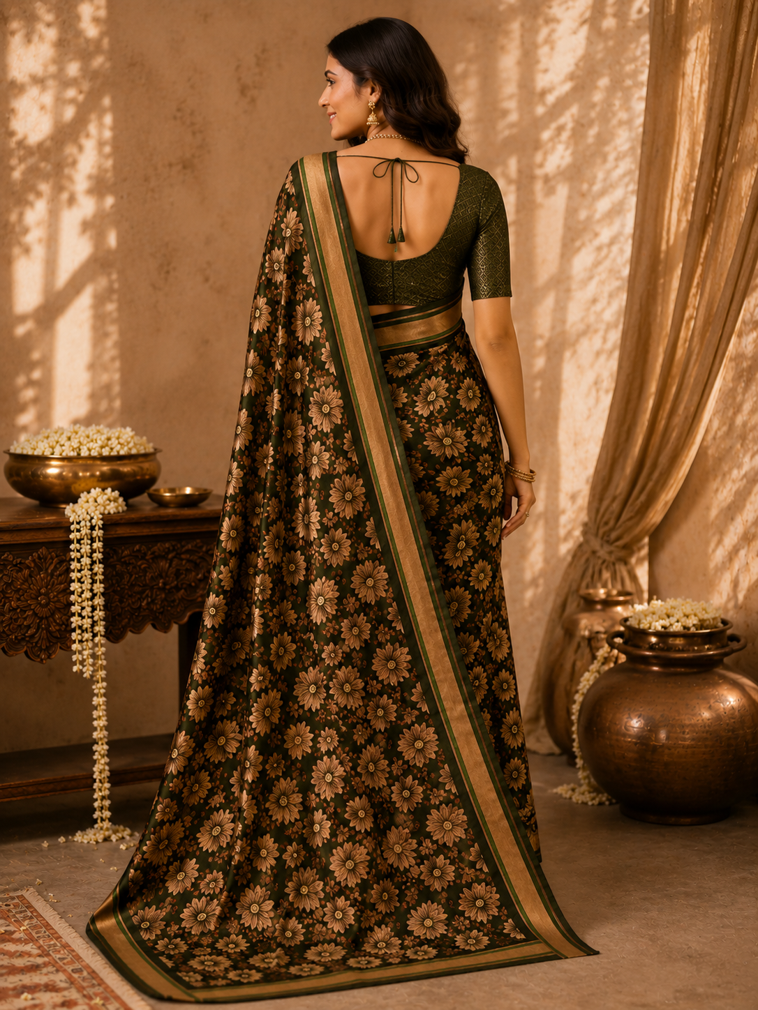Floral Printed Zari Border Saree