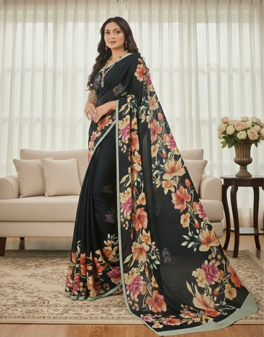 Midnight Bloom Printed Saree