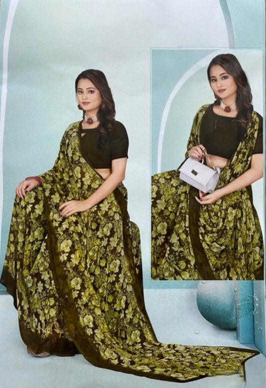 Vintage Bloom Olive Saree – Earthy Elegance in Floral Harmony