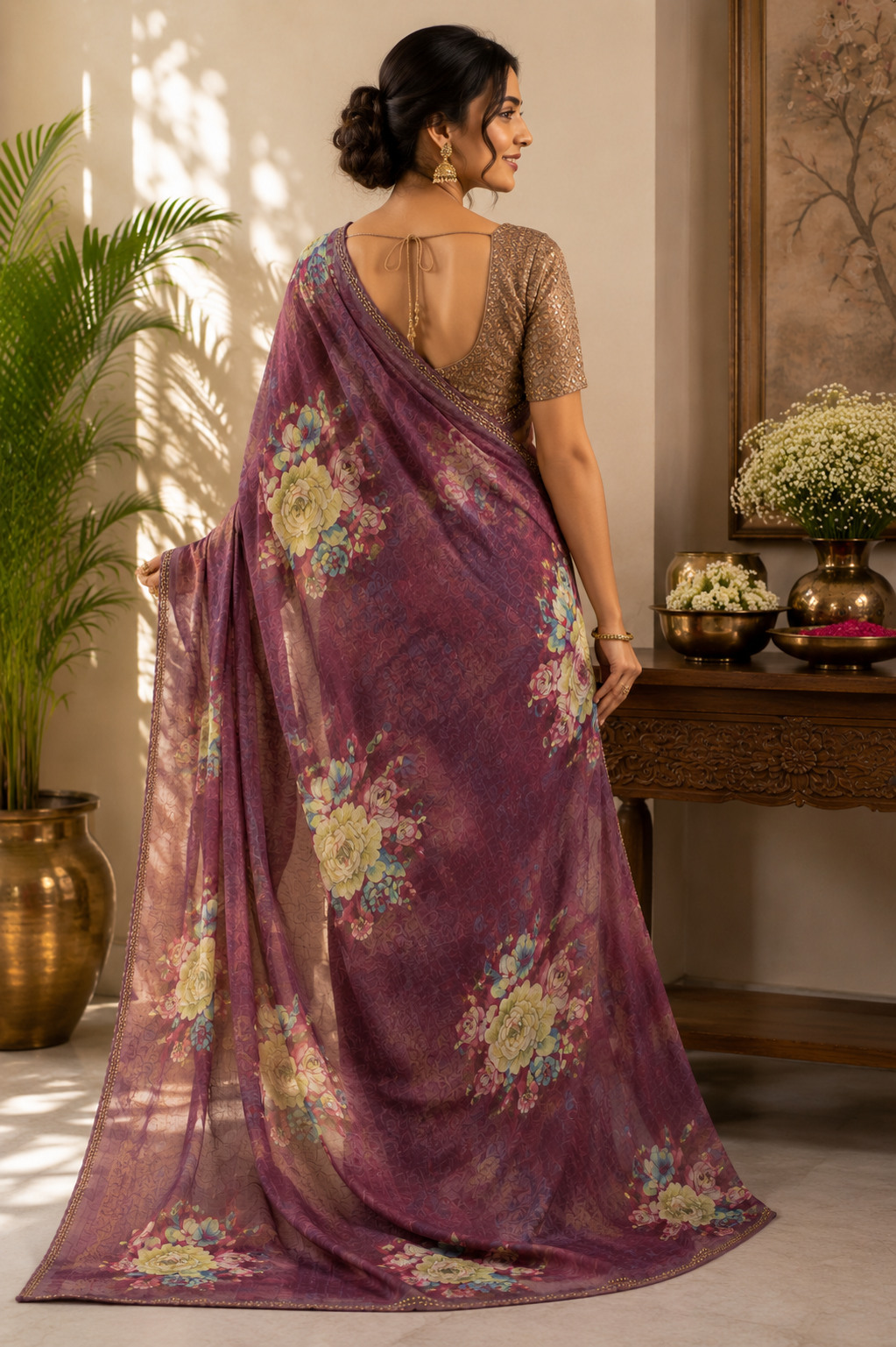 Lavender Blossom Floral Printed Organza Saree