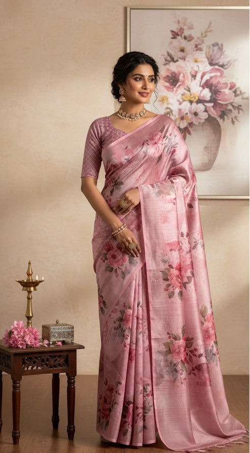 Pink Abstract Floral Saree