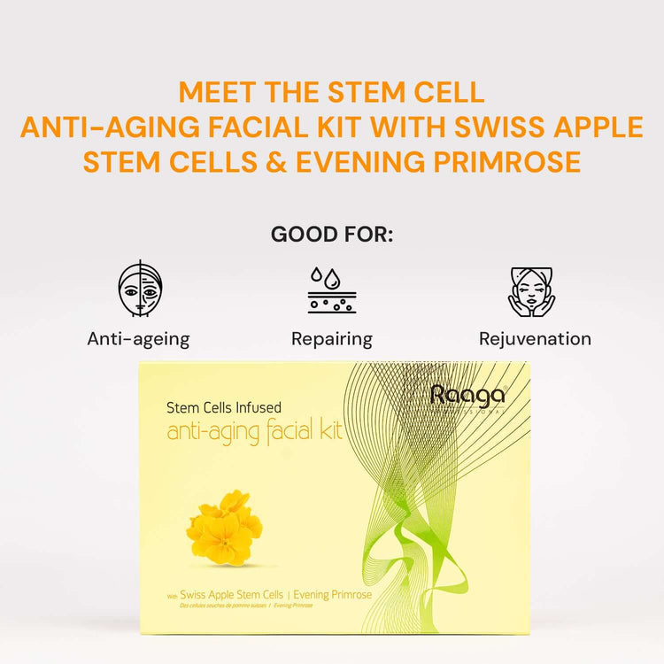 Raaga Stem Cells Infused Anti-Aging Facial Kit | 6-Step Complete Skincare | Evening Primrose, Swiss Apple Stem Cells | Youthful Radiance (61 gm)