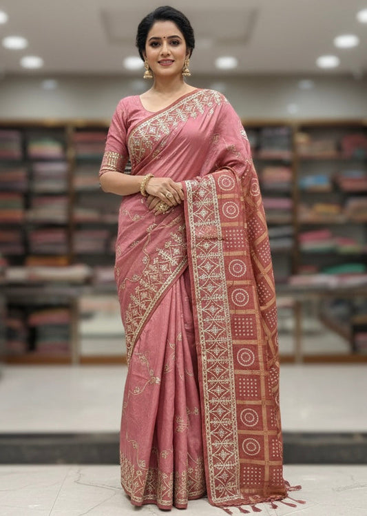 Rosewood Handblock Printed Silk Blend Saree with Bandhani Border