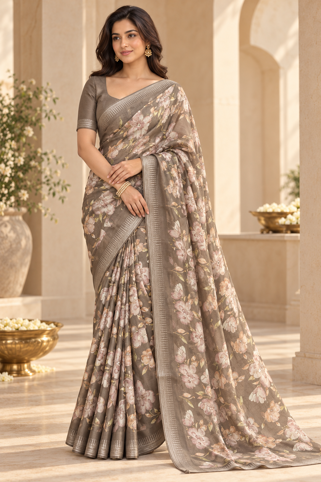 Mocha Blossom – Floral Grace Saree