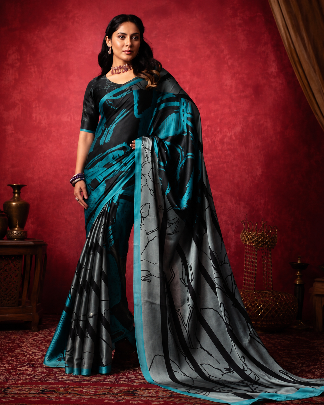 Midnight Mirage Satin Saree