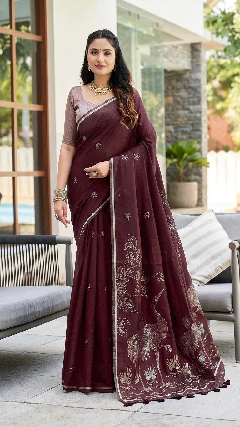 Elegant Bird Motif Linen Saree