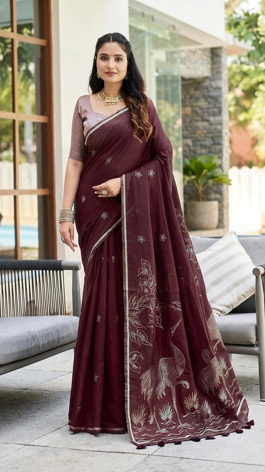 Elegant Bird Motif Linen Saree