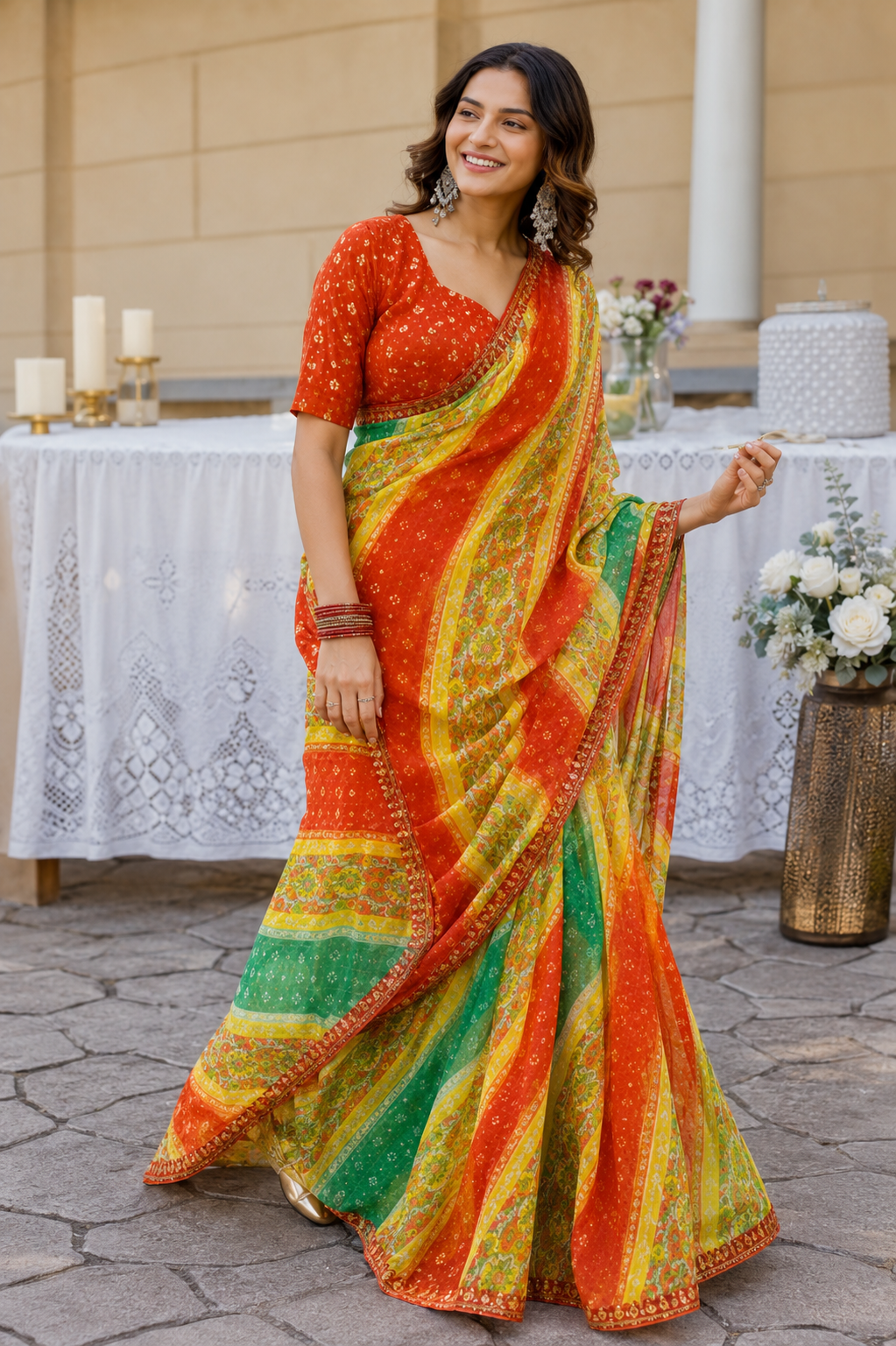 Heritage Mosaic Leheriya Printed Organza Saree
