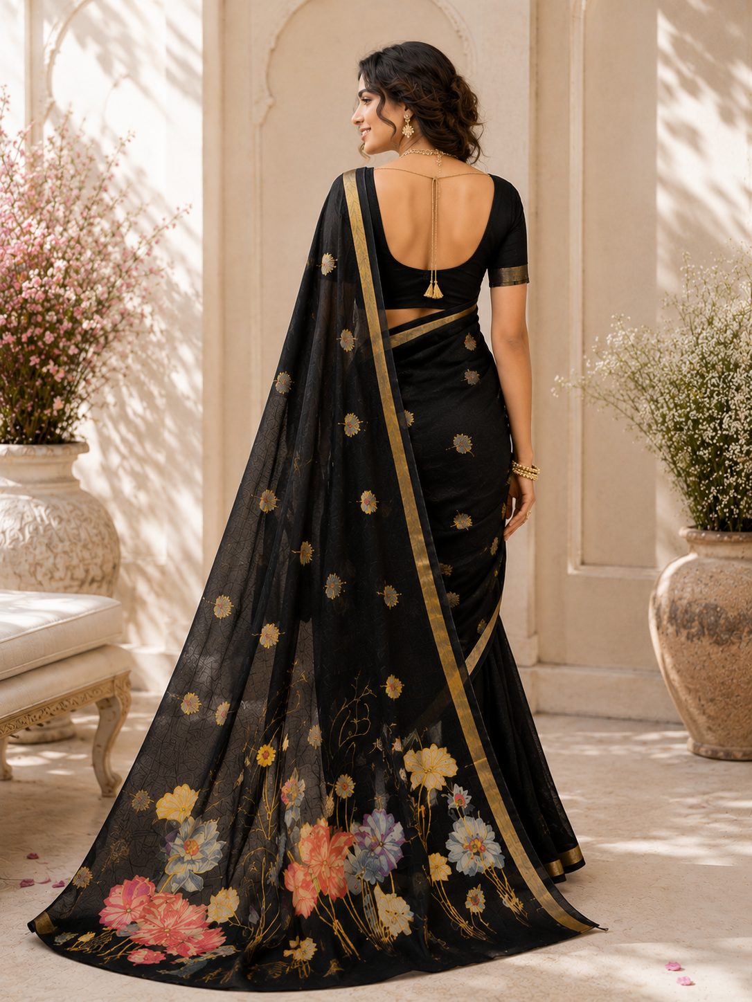 Black Floral Printed Organza Saree