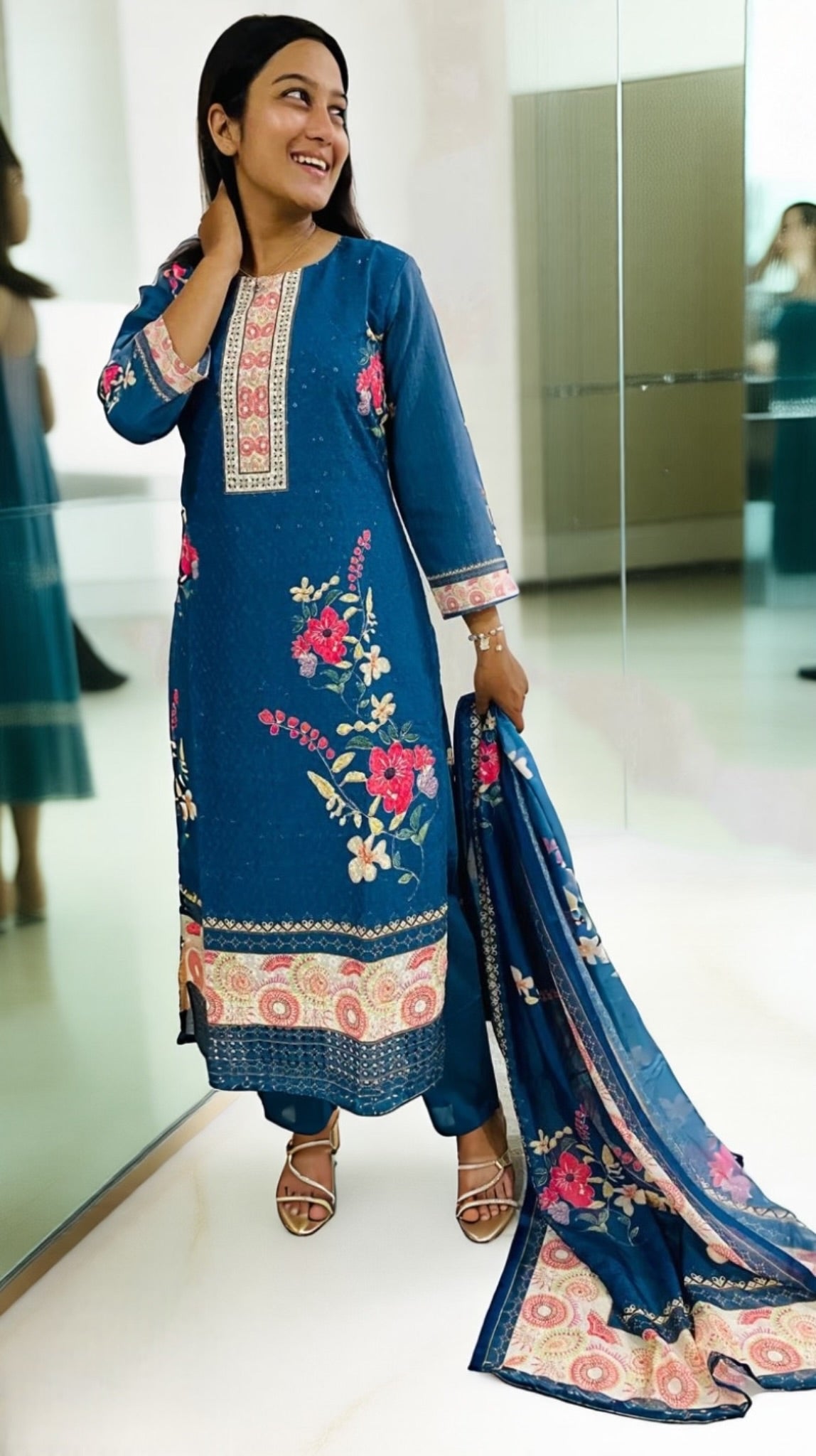 Navy Blue Floral Printed Kurta Set with Dupatta