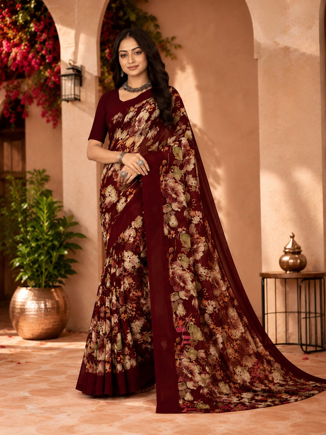 Crimson Bloom Floral Saree