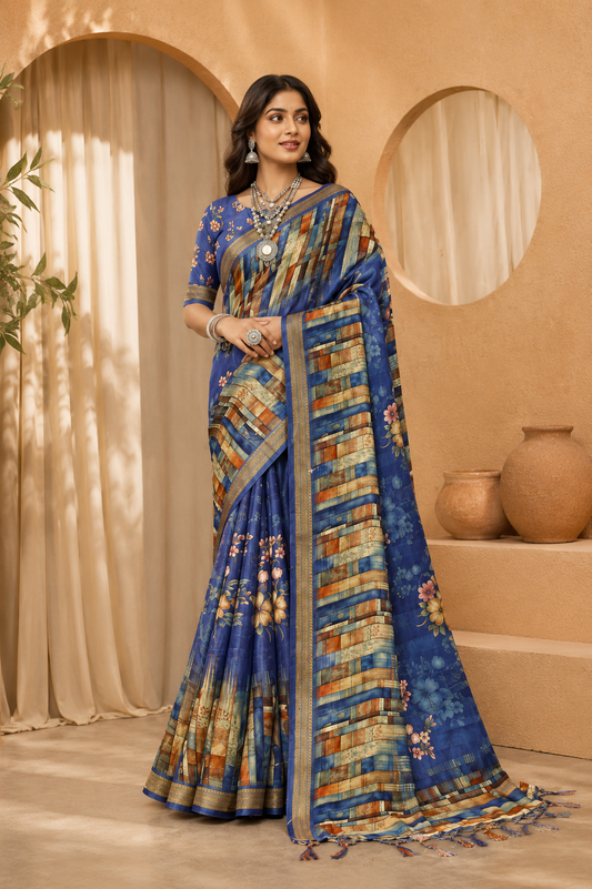 Royal Azure Floral Printed Linen Saree