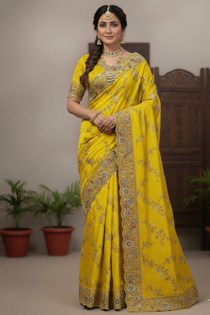 Yellow Silk Saree with Silver Zari & Thread Floral Embroidery