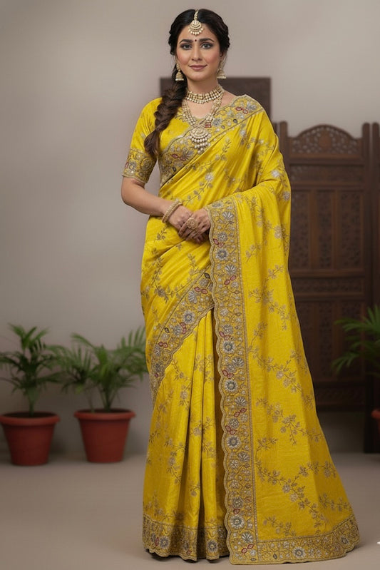 Yellow Silk Saree with Silver Zari & Thread Floral Embroidery