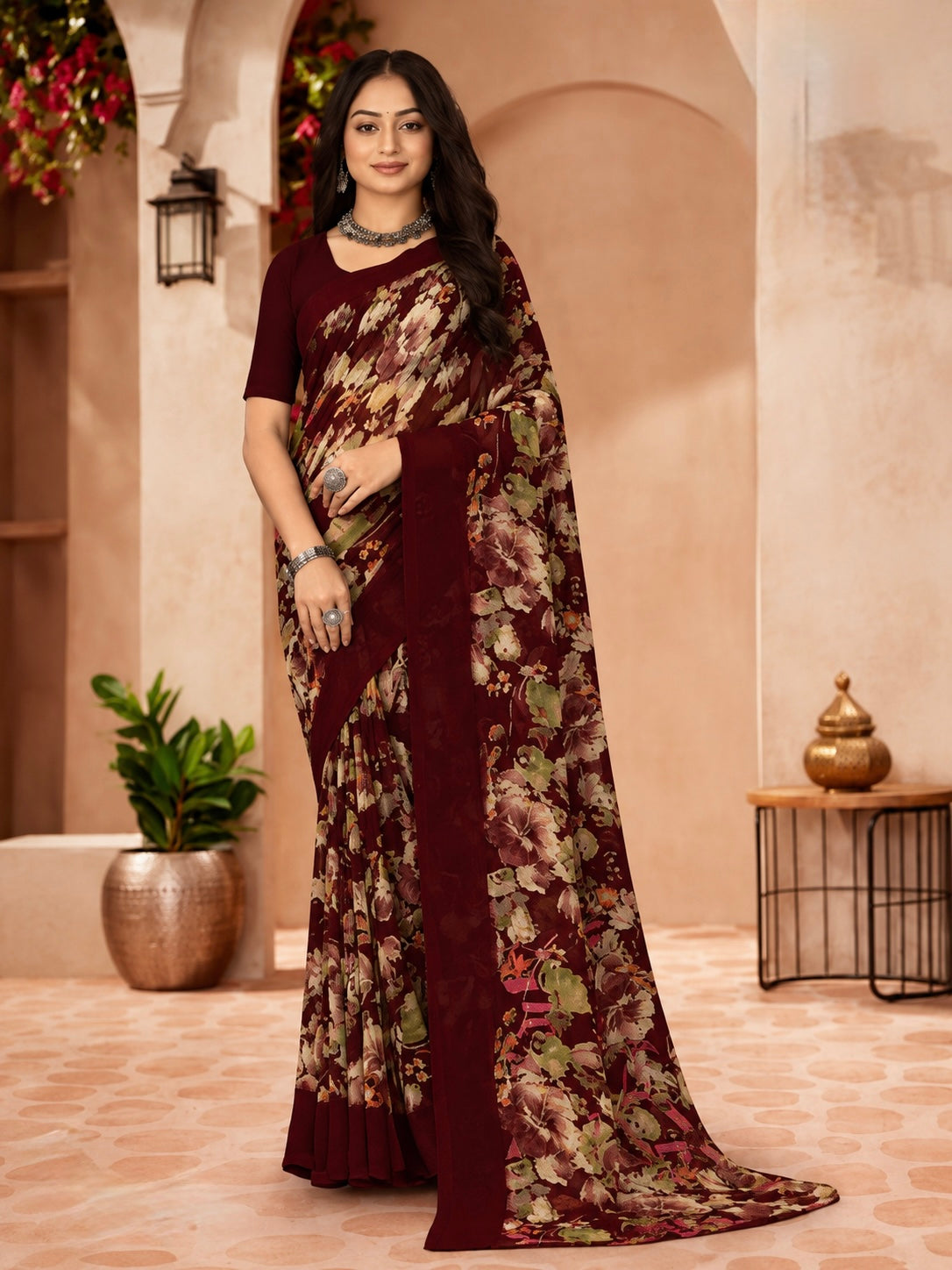 Crimson Bloom Floral Saree