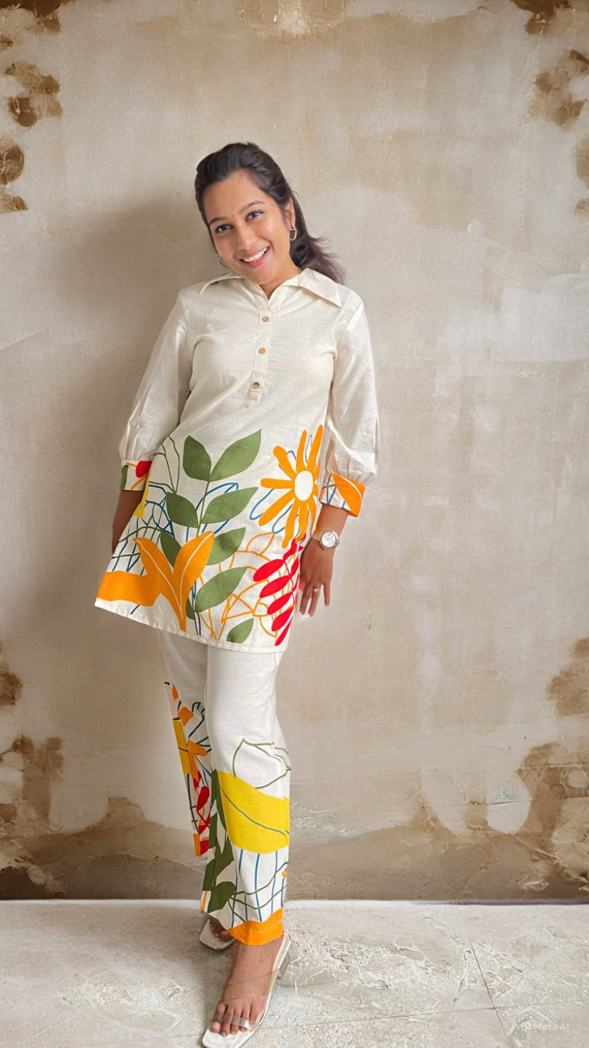 Ivory Co-ord Set with Abstract Multicolor Floral Print