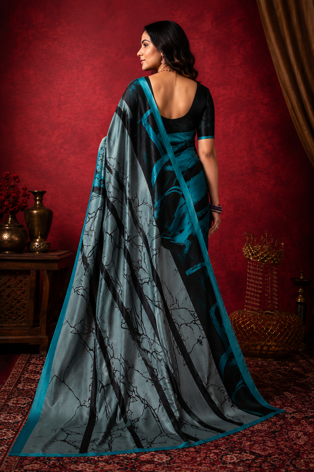 Midnight Mirage Satin Saree