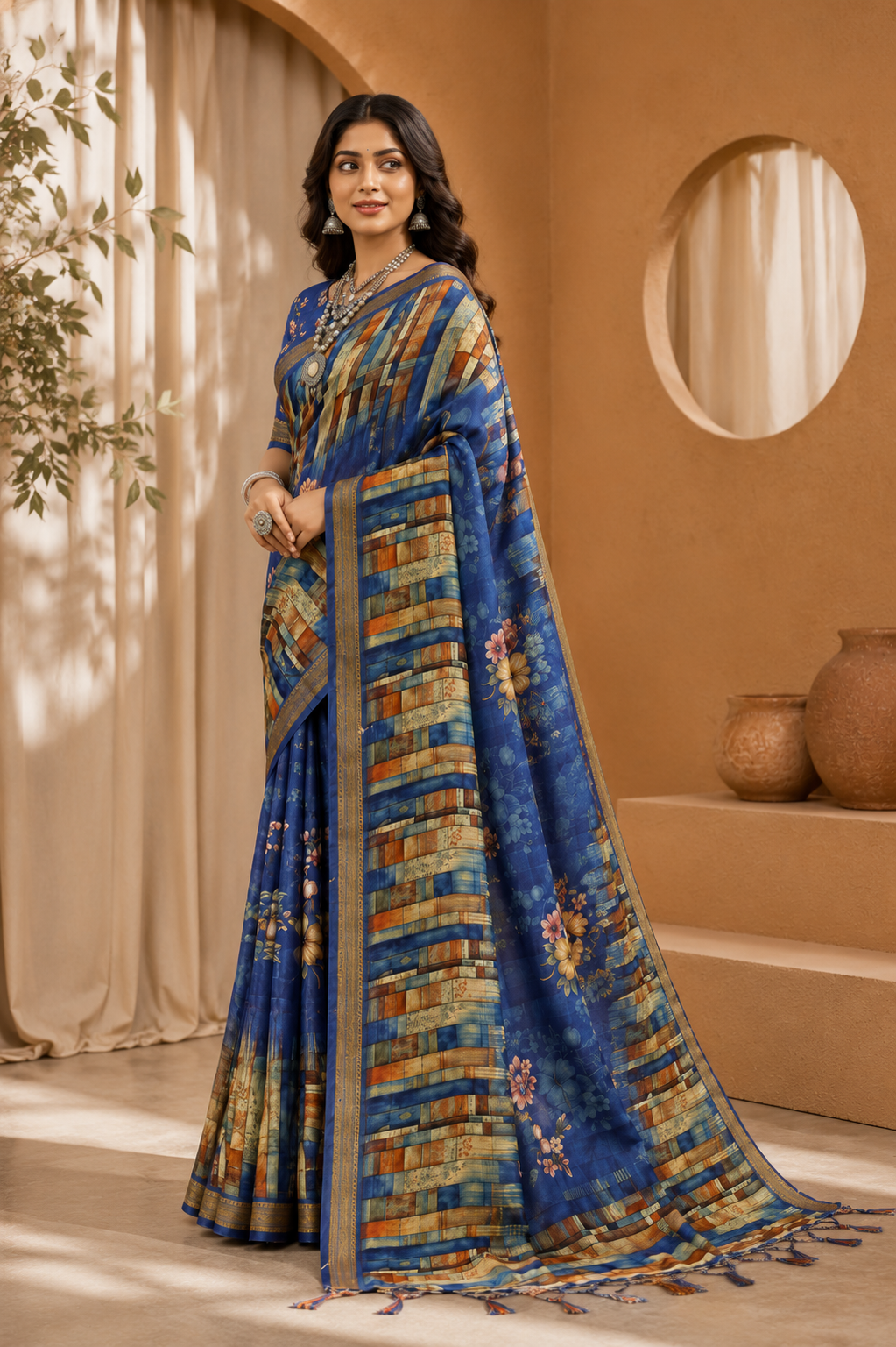 Royal Azure Floral Printed Linen Saree