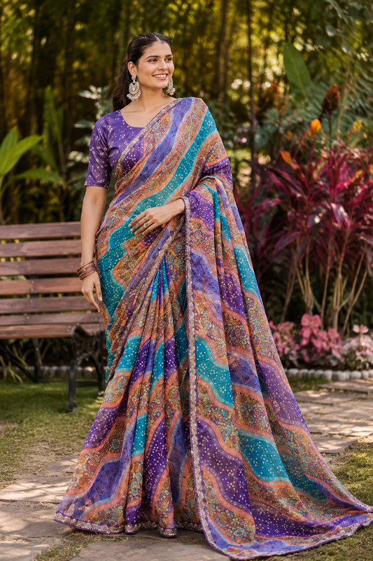 Heritage Mosaic Leheriya Printed Organza Saree