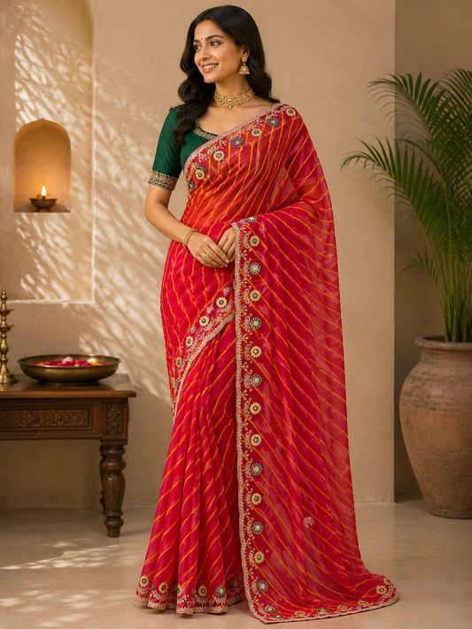 Embroidered Leheriya Soft Chiffon Saree