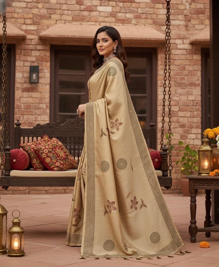 Beige Woven Linen-Blend Saree with Subtle Motifs