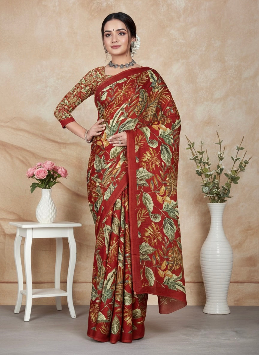 Floral Printed Synthetic Silk Saree in Rust Red