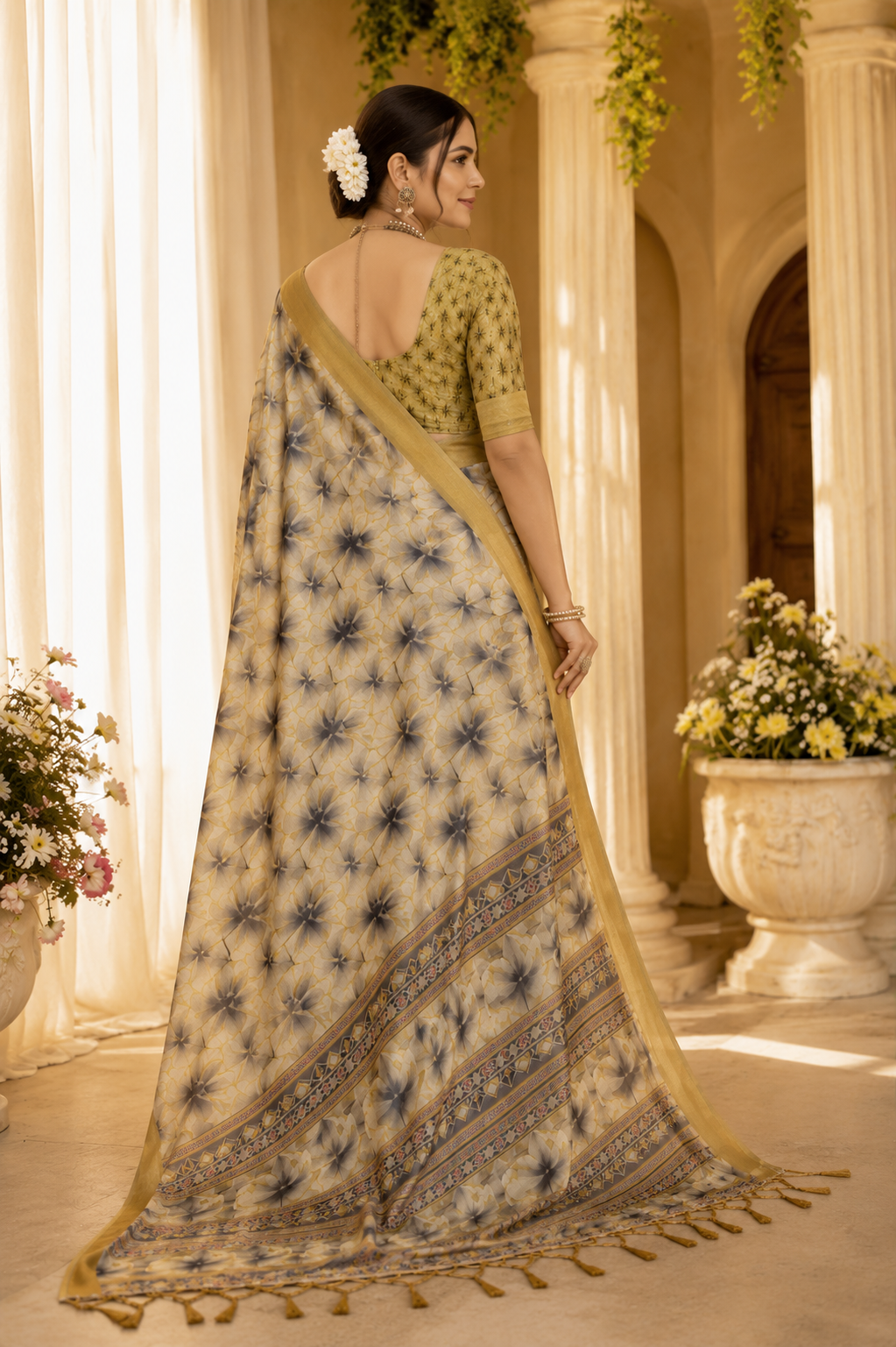 Golden Mist Floral Printed Linen Saree