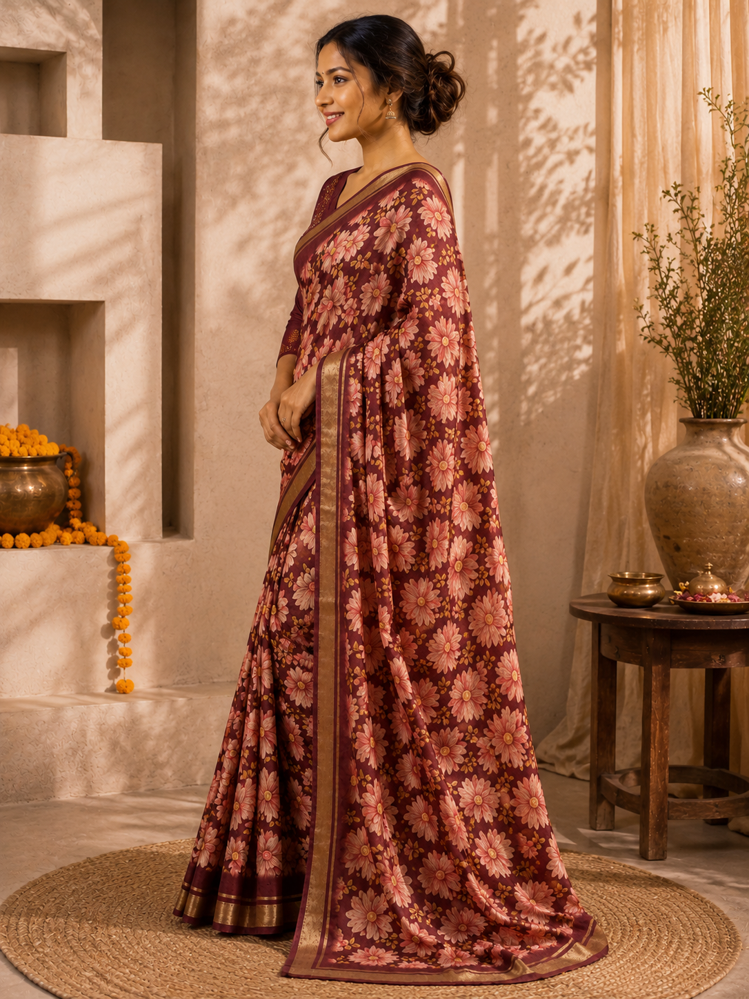 Floral Printed Zari Border Saree