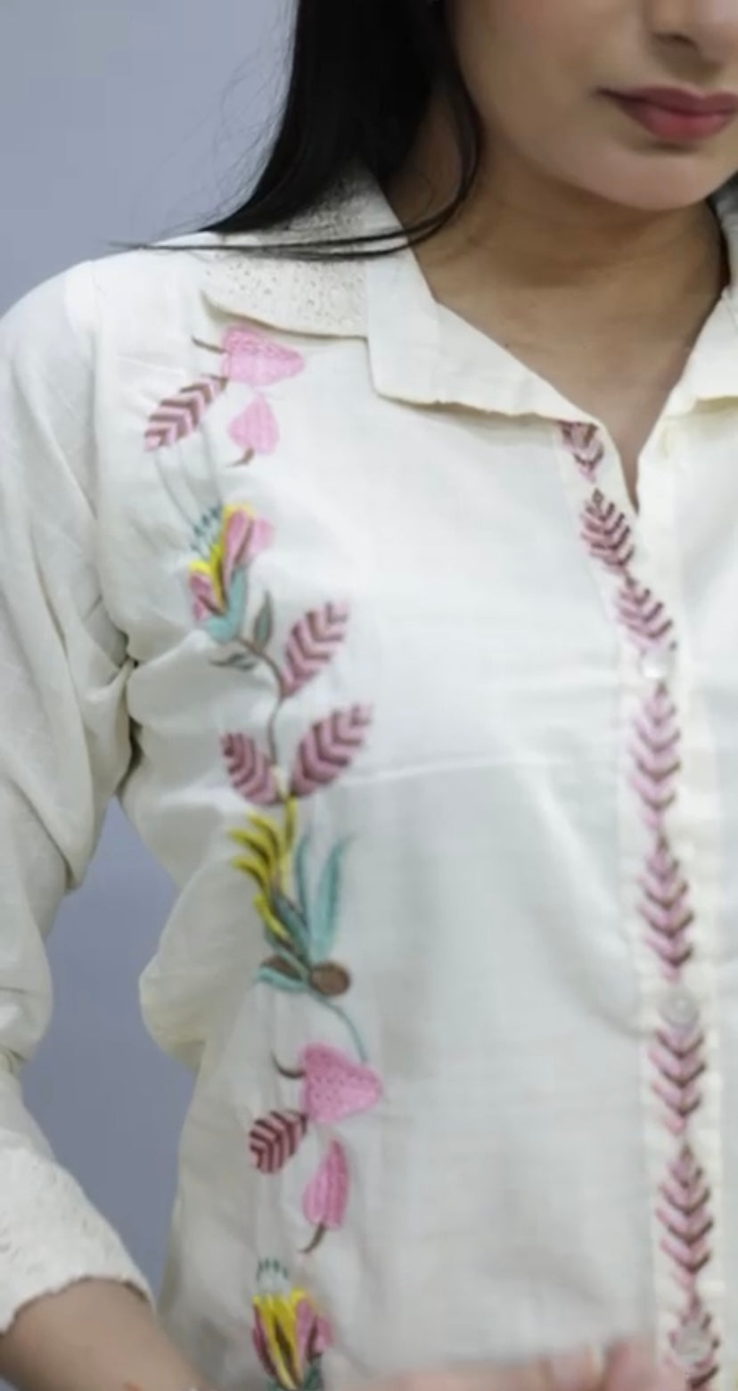 Ivory Embroidered Cotton Co-ord Set with Scallop Detailing