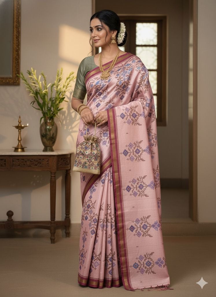 Linen Blend Saree with Woven Floral Motifs