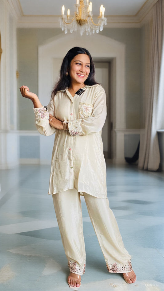 Ivory Embroidered Satin Co-ord Set with Cutwork Detailing