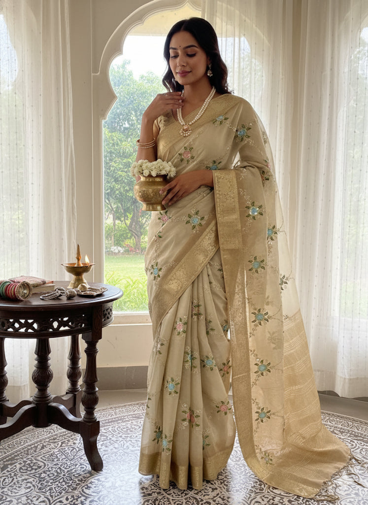 Ivory Gold Organza Saree with Multi-Thread Floral Embroidery
