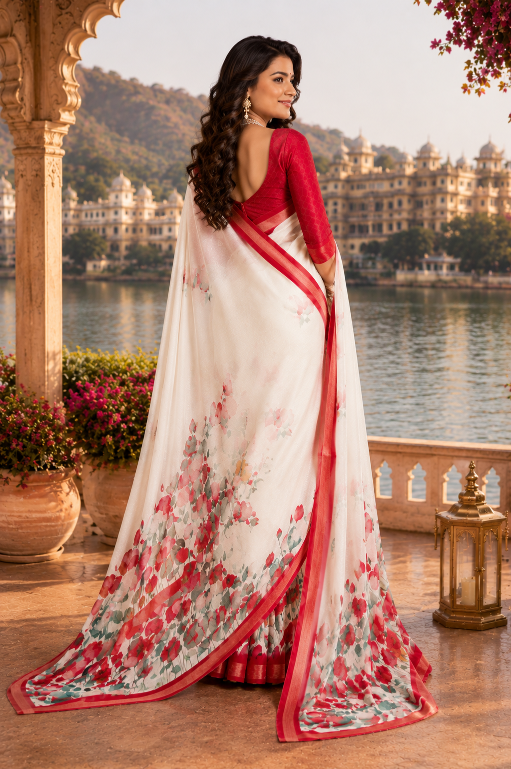 Ivory Scarlet Blossom Saree